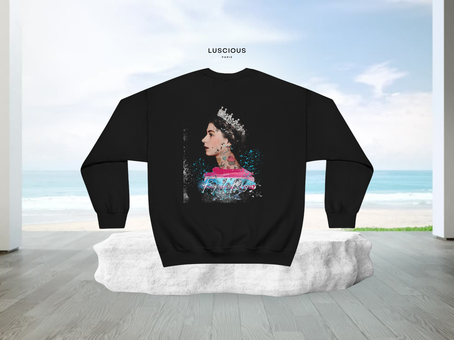 ROYAL REIGN Vintage Designer Black Crewneck Style Luscious Paris Streetwear Fashion Luxury Sweatshirt -Timeless Collection