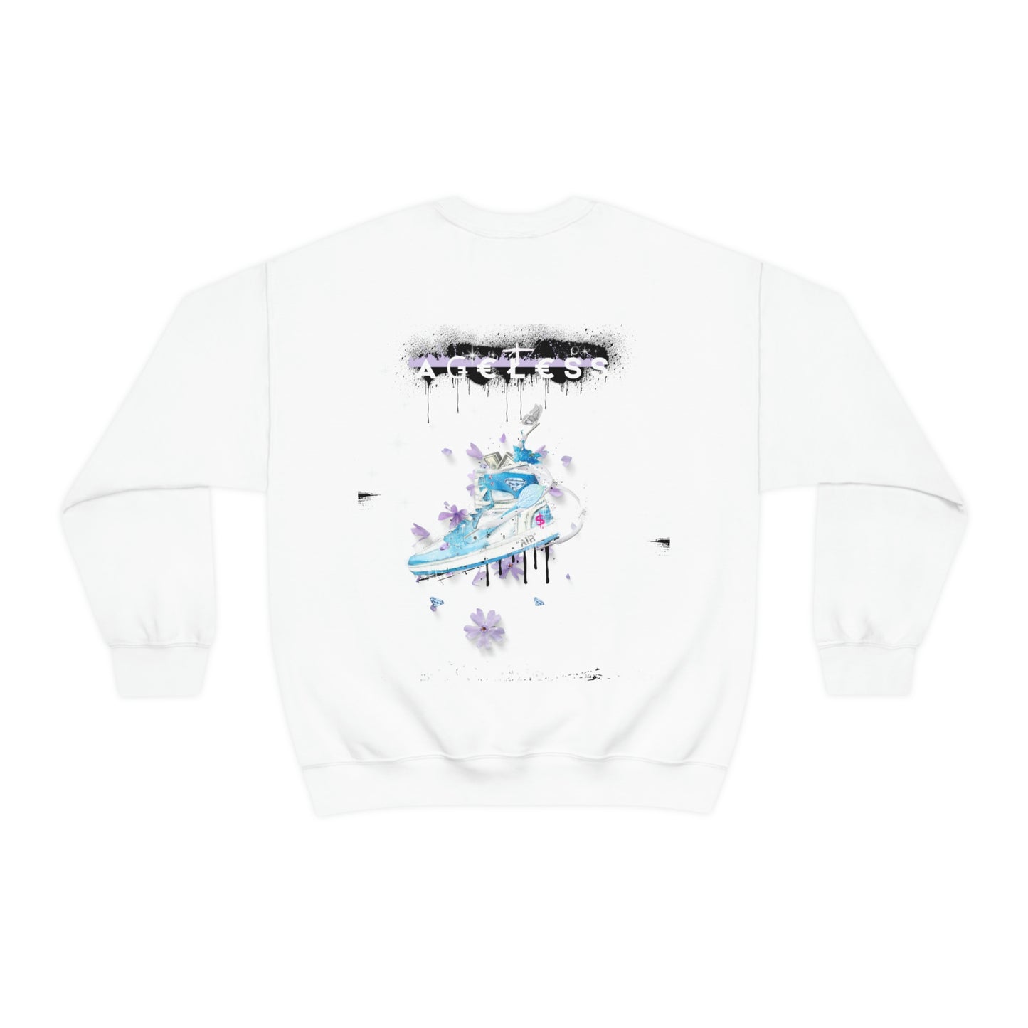 White Crew Neck Sweater with Air Jordan Shoes hanging from a string. The colors on the print are purple, blue and mainly White