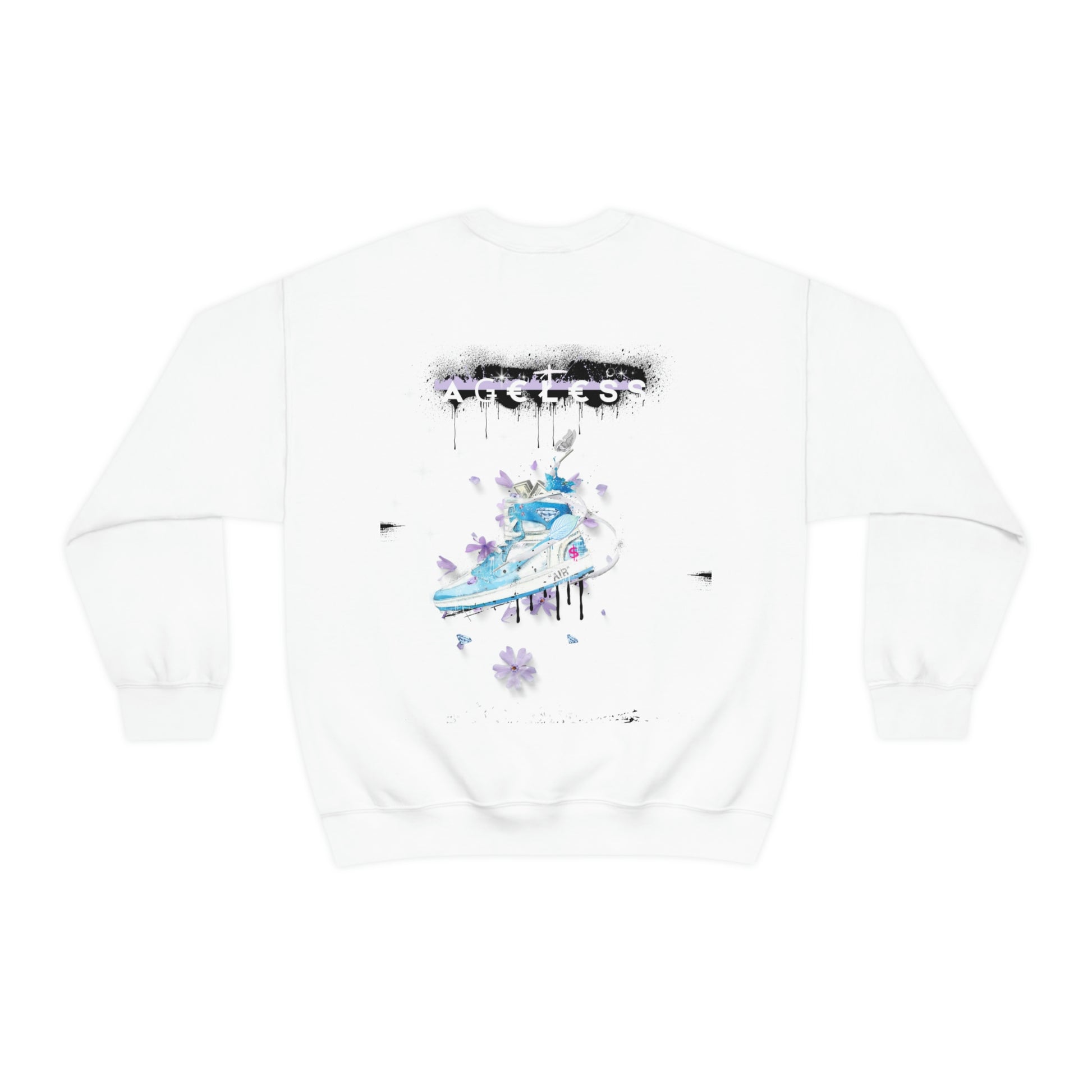 White Crew Neck Sweater with Air Jordan Shoes hanging from a string. The colors on the print are purple, blue and mainly White